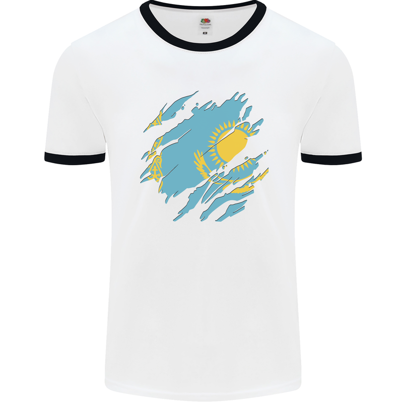 Torn Kazakhstan Flag Kazakh Day Football Mens Ringer T-Shirt White/Black