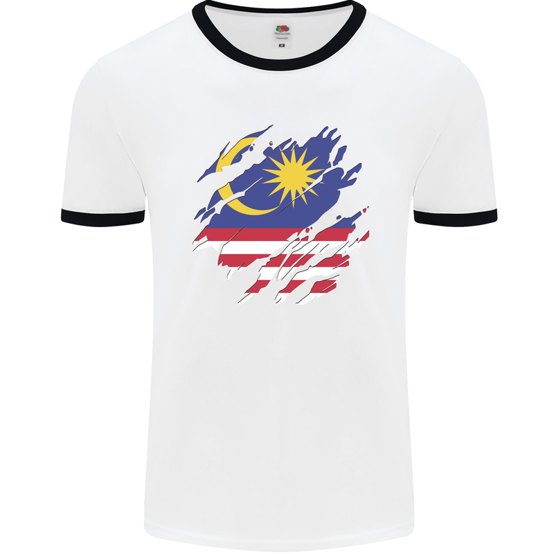Torn Malaysia Flag Malaysian Day Football Mens Ringer T-Shirt White/Black