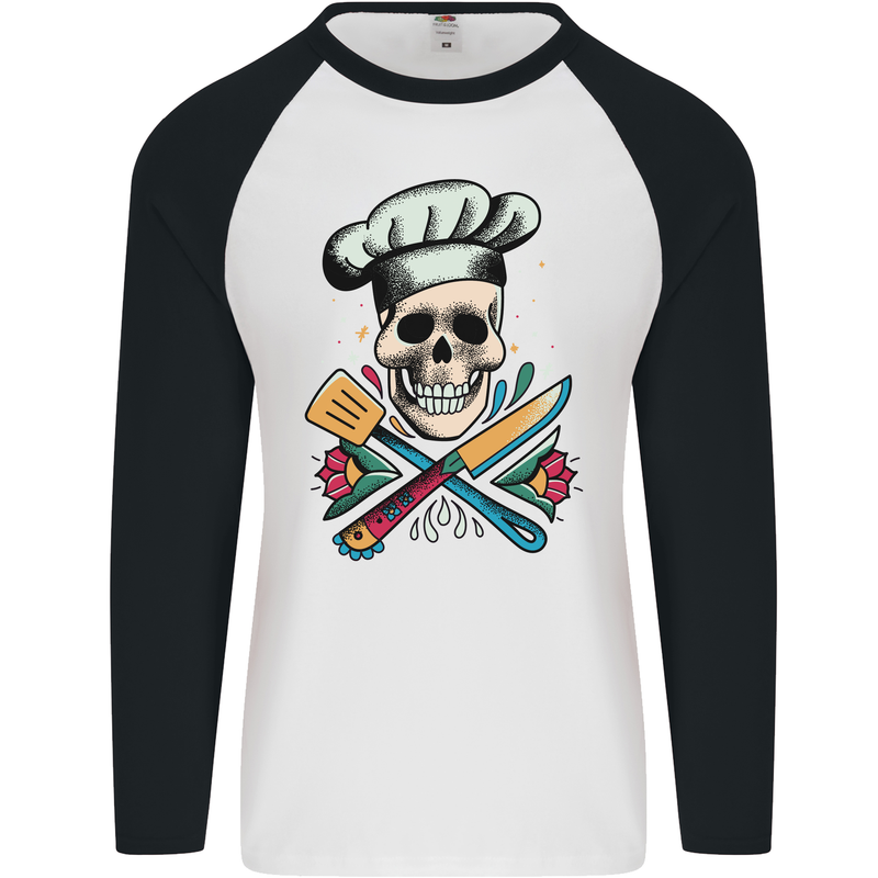 Chef Skull Mens L/S Baseball T-Shirt White/Black