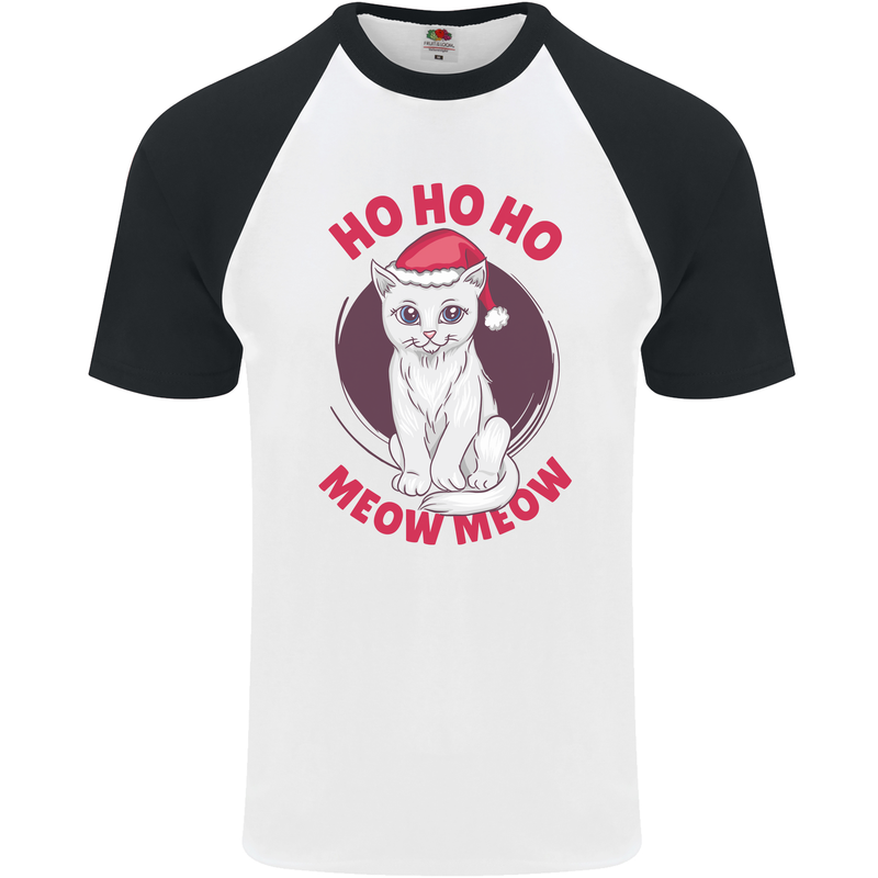 HO HO HO Funny Christmas Cat Xmas Meow Mens S/S Baseball T-Shirt White/Black