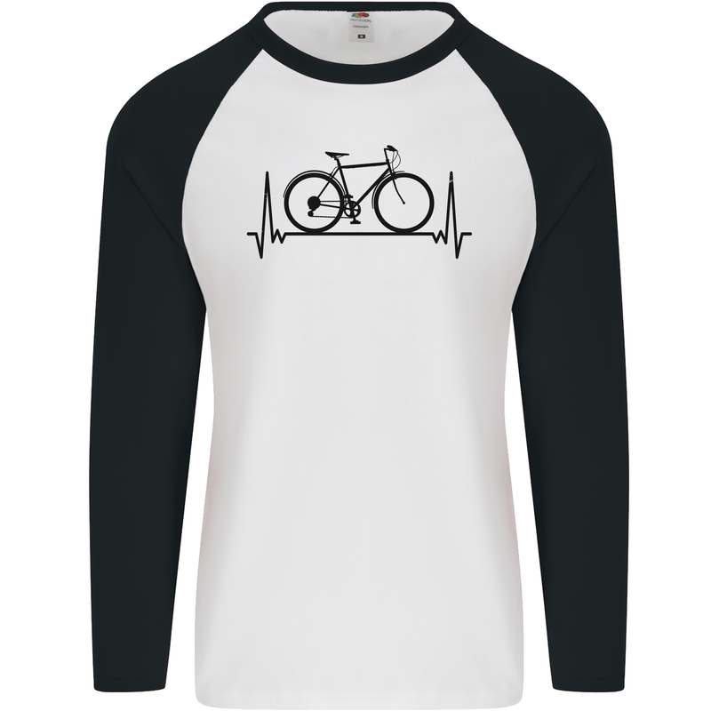 Cycling Heart Beat Bike Bicycle Cyclist ECG Mens L/S Baseball T-Shirt White/Black