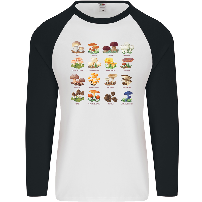 Mushroom Species Mens L/S Baseball T-Shirt White/Black