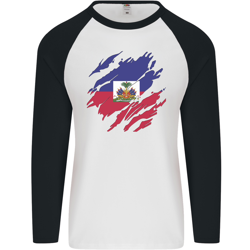 Torn Haiti Flag Haitian Day Football Mens L/S Baseball T-Shirt White/Black