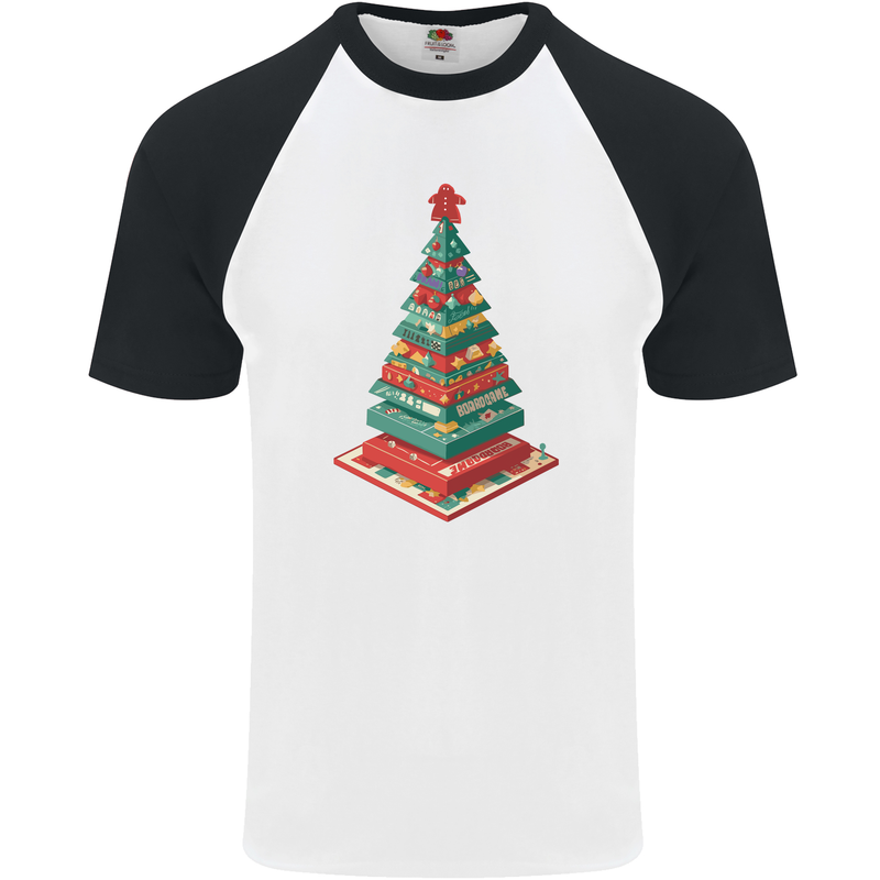 Christmas Board Games Xmas Tree Mens S/S Baseball T-Shirt White/Black