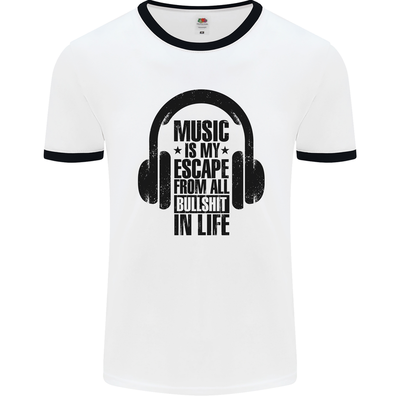 Music Is My Escape From B/S in Life Rock Mens Ringer T-Shirt White/Black