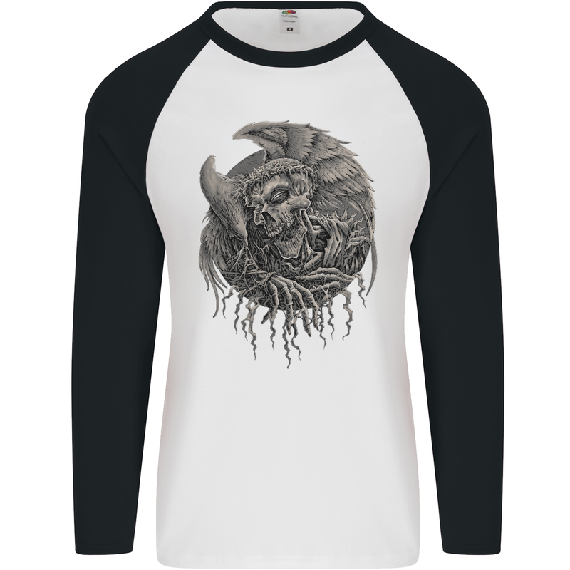 Angel Skull of Death Biker Motorbike Gothic Mens L/S Baseball T-Shirt White/Black