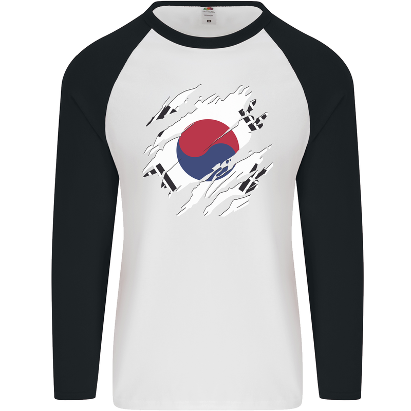 Torn South Korea Flag Korean Day Football Mens L/S Baseball T-Shirt White/Black