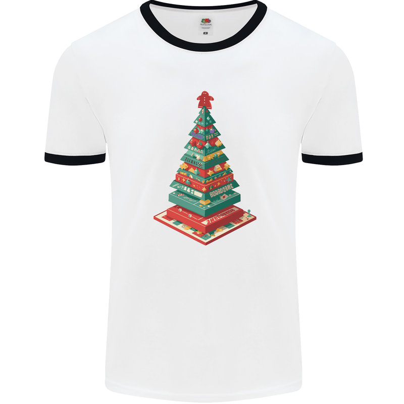 Christmas Board Games Xmas Tree Mens Ringer T-Shirt White/Black