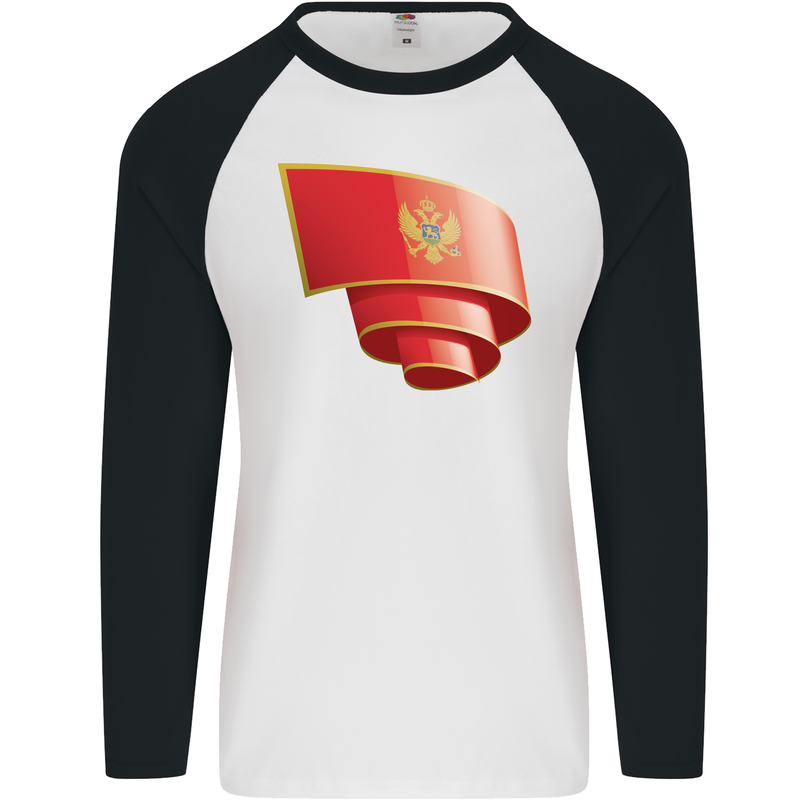 Curled Montenegro Flag Montenegrin Day Football Mens L/S Baseball T-Shirt White/Black