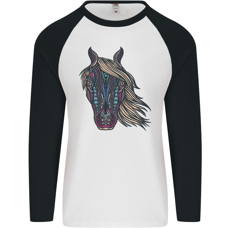 A Tribal Horse Equestrian Mens L/S Baseball T-Shirt White/Black