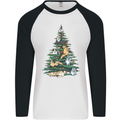 Cat Christmas Tree Mens L/S Baseball T-Shirt White/Black