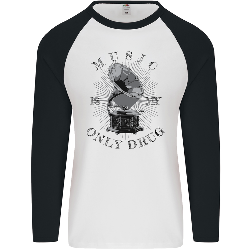 Music Is My Only Drug Funny DJ Vinyl Decks Mens L/S Baseball T-Shirt White/Black