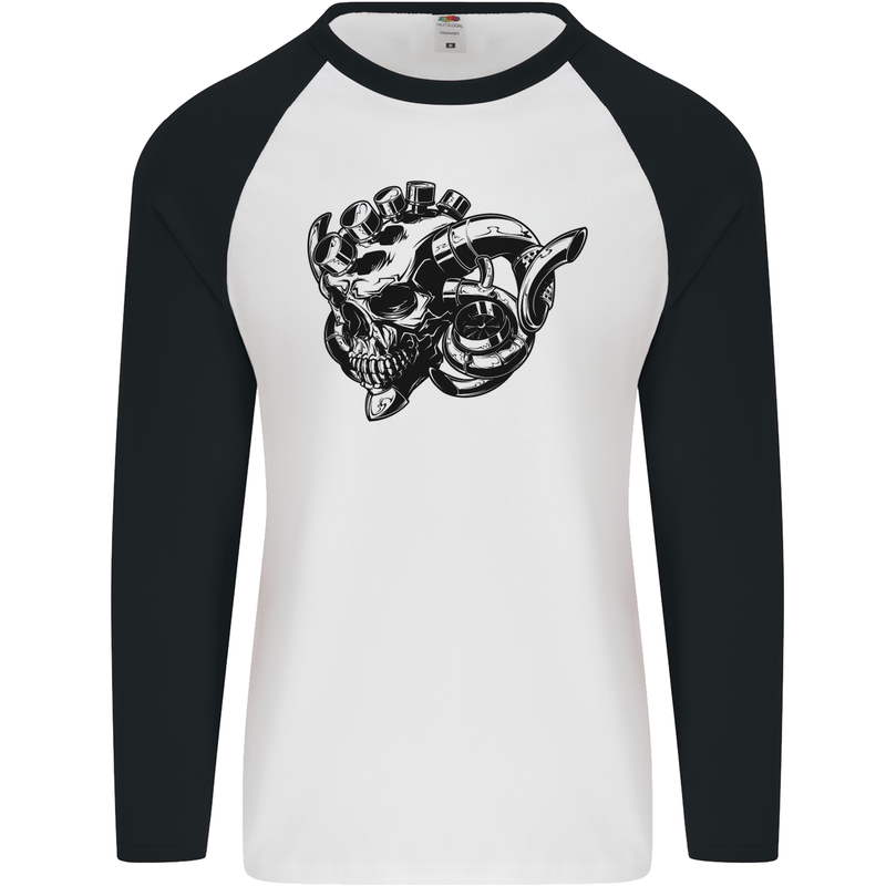 Turbo Skull Car Enthusiast Engine Drifting Mens L/S Baseball T-Shirt White/Black