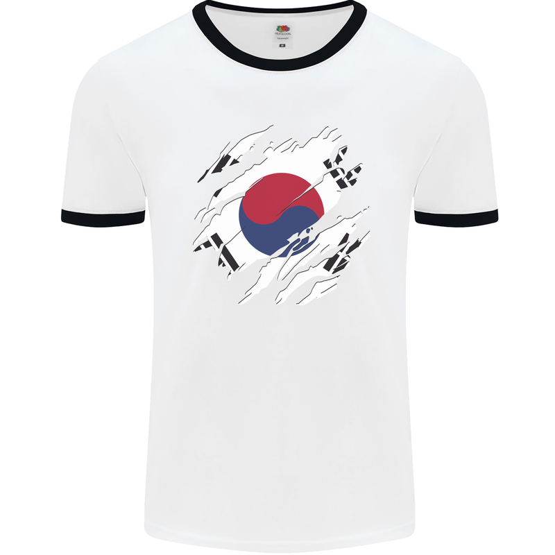 Torn South Korea Flag Korean Day Football Mens Ringer T-Shirt White/Black