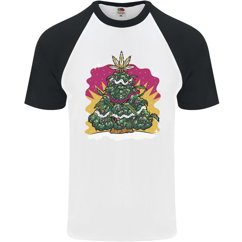 A Weed Christmas Tree Cannabis Trippy Mens S/S Baseball T-Shirt White/Black