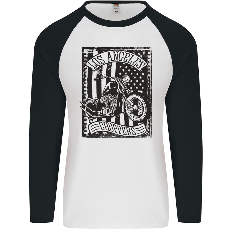 LA Choppers Motorcycle Motorbike Biker Mens L/S Baseball T-Shirt White/Black