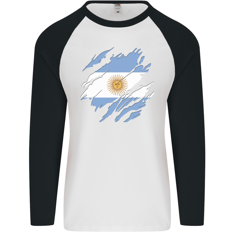 Torn Argentina Flag Argentinian Day Football Mens L/S Baseball T-Shirt White/Black