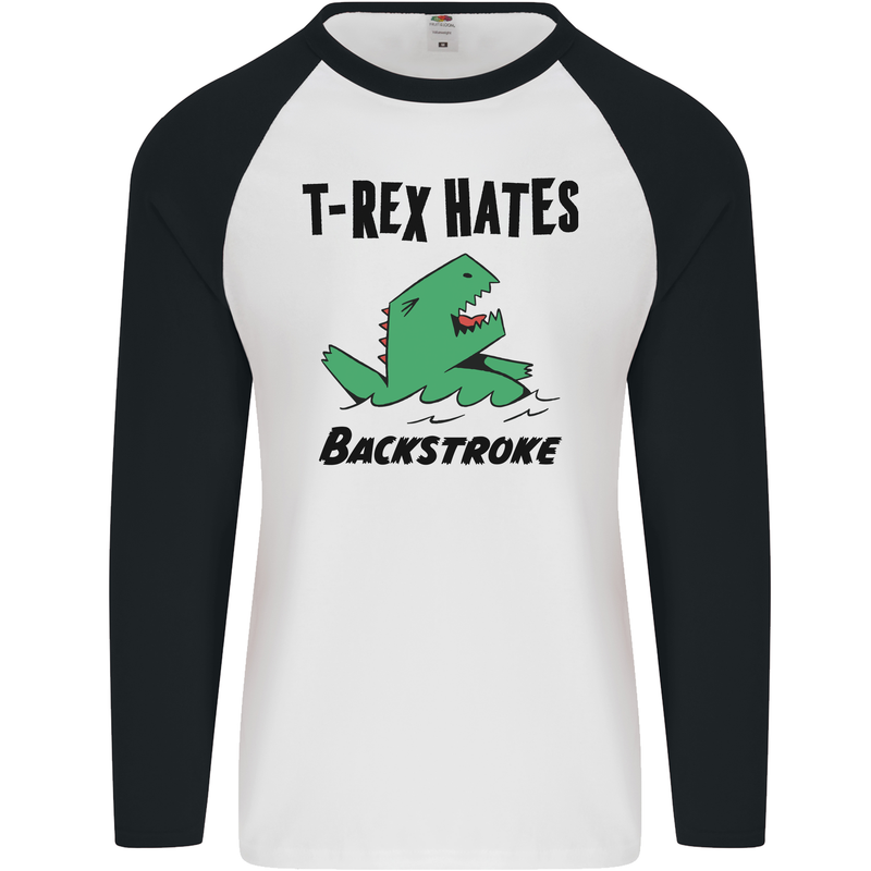 T-Rex Hates Backstroke Funny Swimming Swim Mens L/S Baseball T-Shirt White/Black