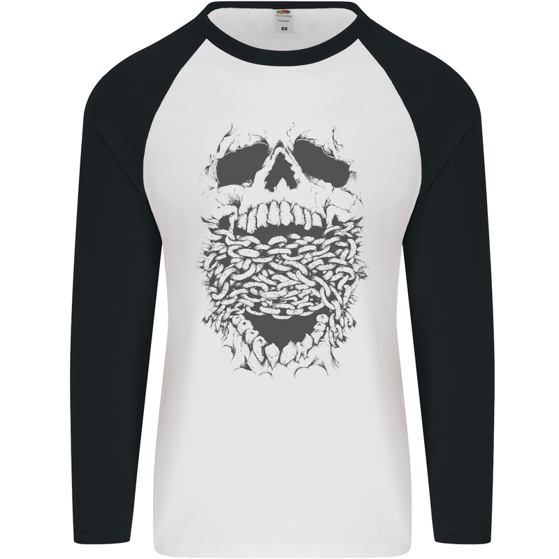 Skull and Chains Motorcycle Motorbike Biker Mens L/S Baseball T-Shirt White/Black