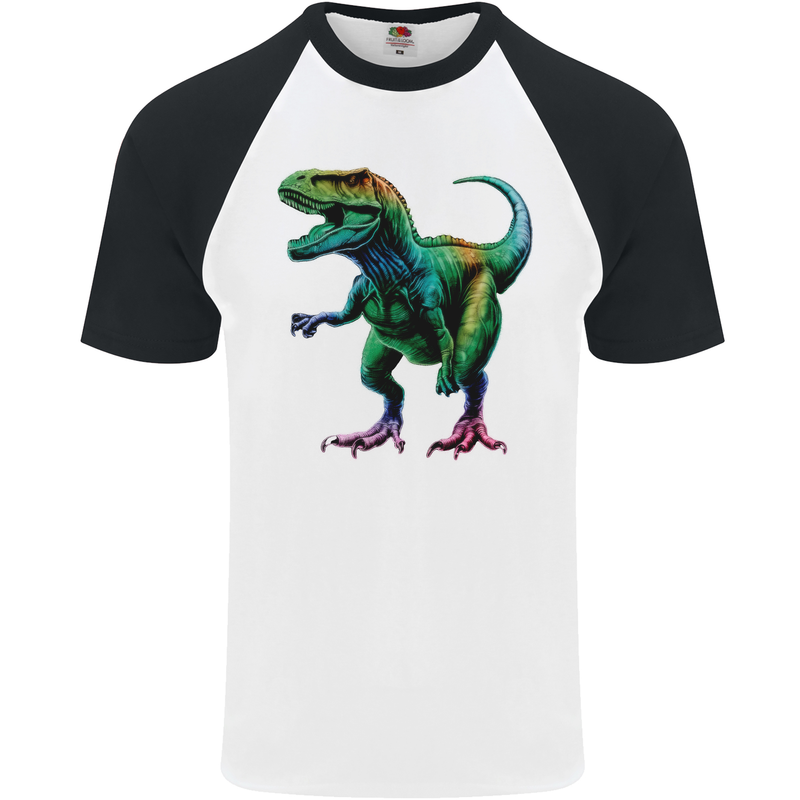 Colourful T-Rex Dinosaur Mens S/S Baseball T-Shirt White/Black