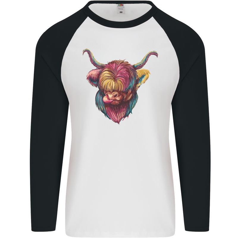 Colourful Highland Cow Mens L/S Baseball T-Shirt White/Black