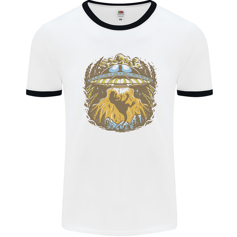 Dinosaur Abduction Aliens UFO T-Rex Mens Ringer T-Shirt White/Black