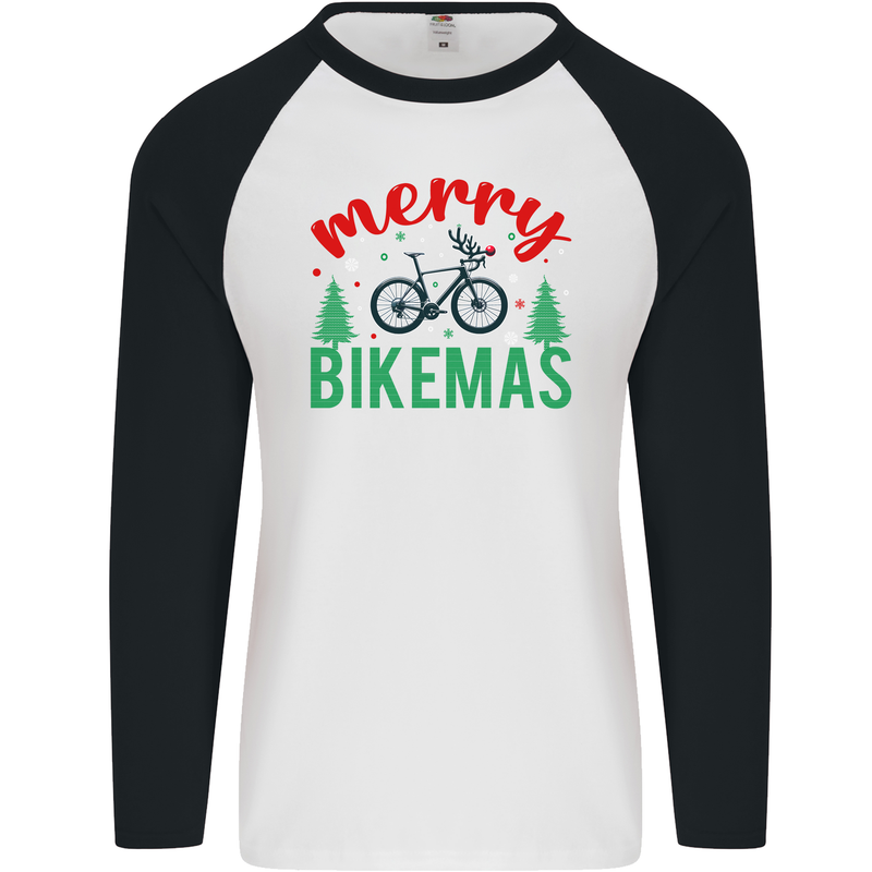 Merry Bikemass Funny Cycling Bicycle Xmas Bike Mens L/S Baseball T-Shirt White/Black