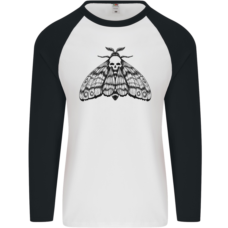 A Gothic Moth Skull Mens L/S Baseball T-Shirt White/Black