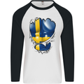 Gym Swedish Flag Ripped Muscles Sweeden Mens L/S Baseball T-Shirt White/Black