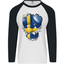 Gym Swedish Flag Ripped Muscles Sweeden Mens L/S Baseball T-Shirt White/Black