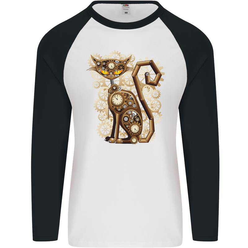 Steampunk Cat Mens L/S Baseball T-Shirt White/Black