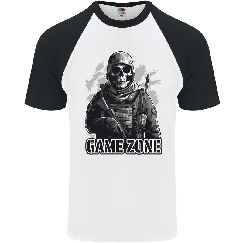 Game Zone Special Forces Video Game Skull Mens S/S Baseball T-Shirt White/Black