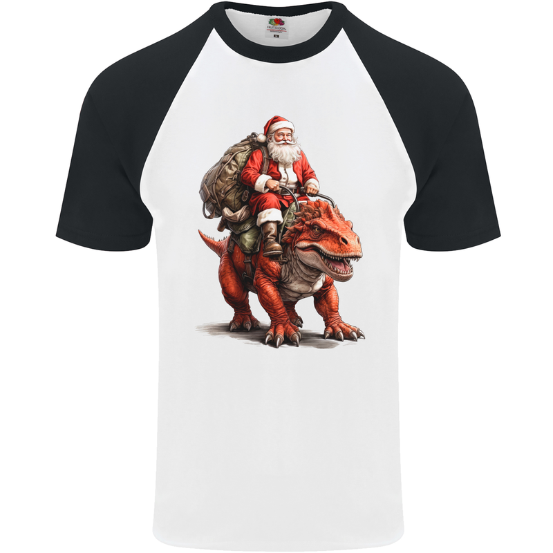 Christmas Santa Riding a Dinosaur Xmas Mens S/S Baseball T-Shirt White/Black