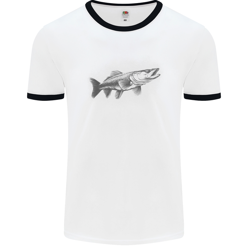 A Pike Fish Drawing Fishing Fisherman Mens Ringer T-Shirt White/Black