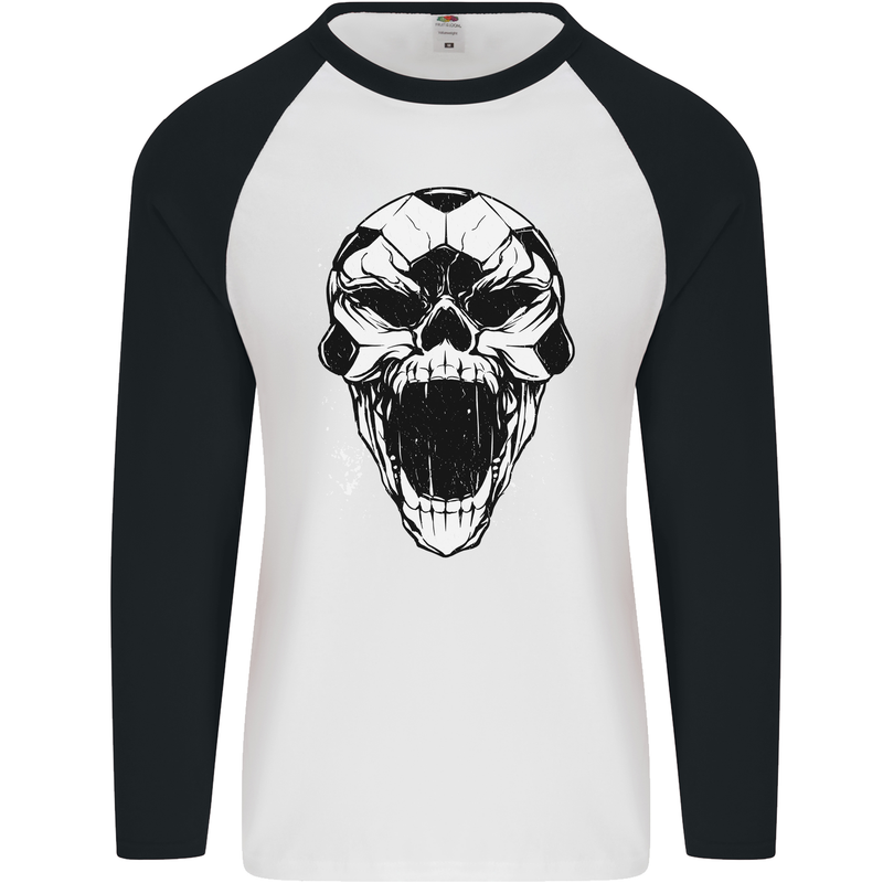 A Football Skull Soccer Footy Mens L/S Baseball T-Shirt White/Black