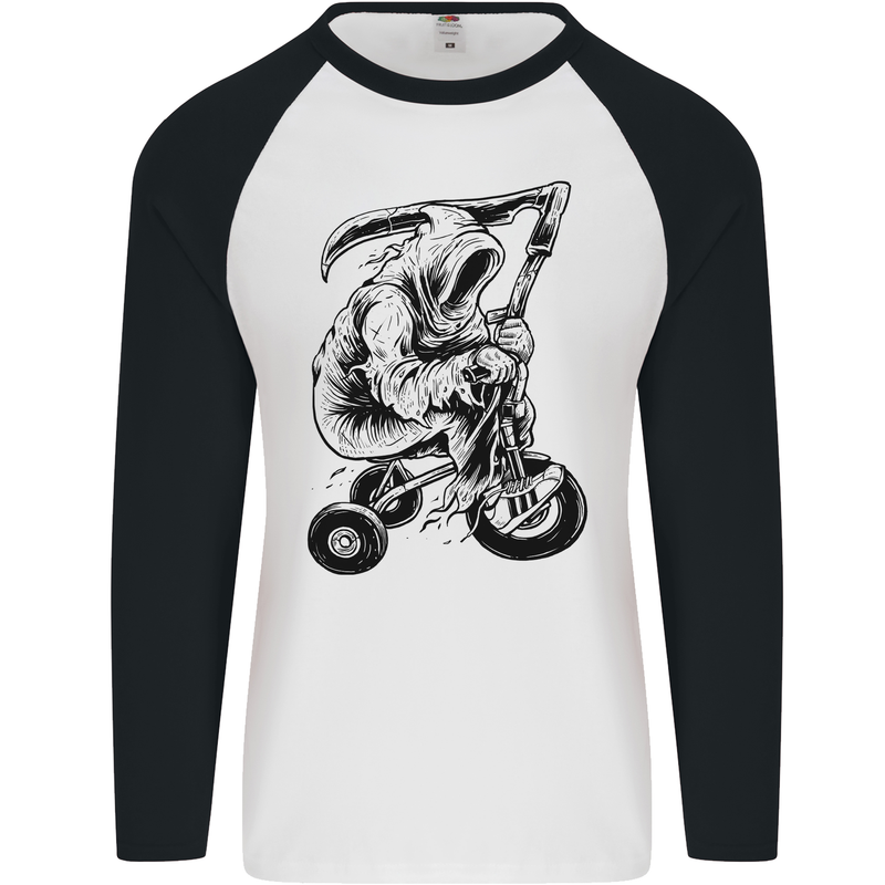 Grim Reaper Trike Bicycle Cycling Gothic Mens L/S Baseball T-Shirt White/Black