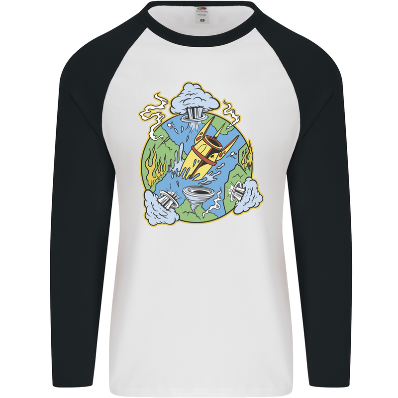 Climate Change Earth Destruction Nuclear War Mens L/S Baseball T-Shirt White/Black