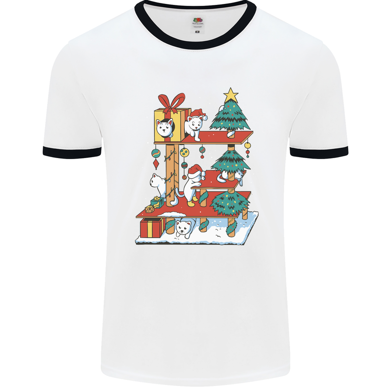 Christmas Cat House Funny Winter Xmas Mens Ringer T-Shirt White/Black