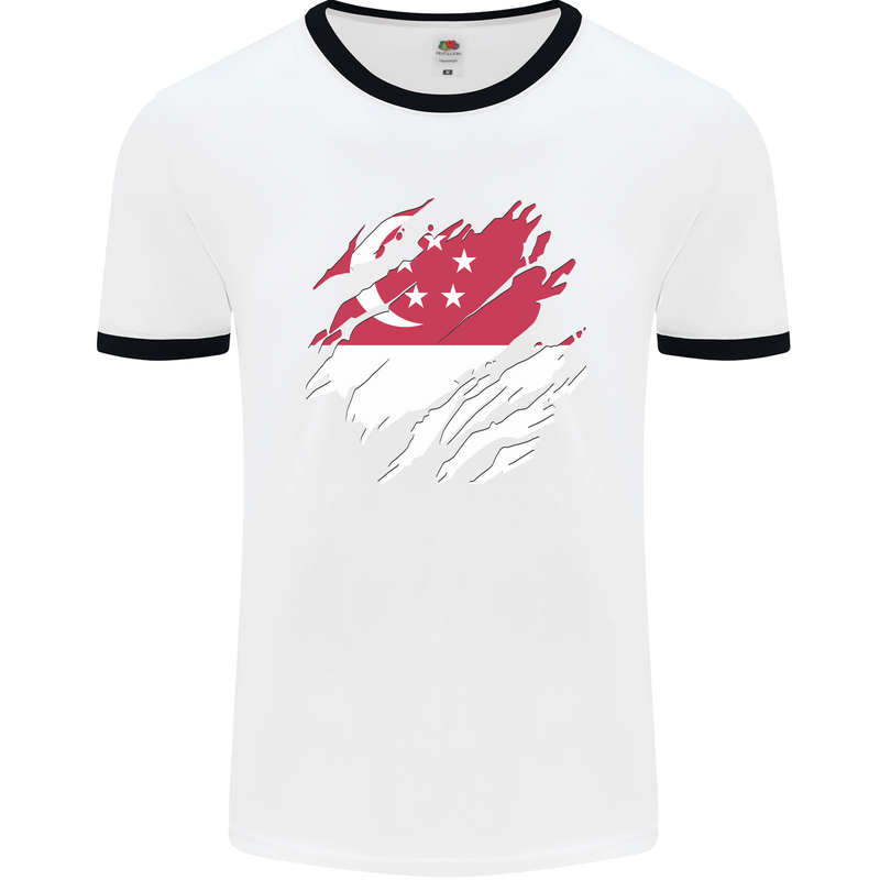 Torn Singapore Flag Singaporean Day Football Mens Ringer T-Shirt White/Black