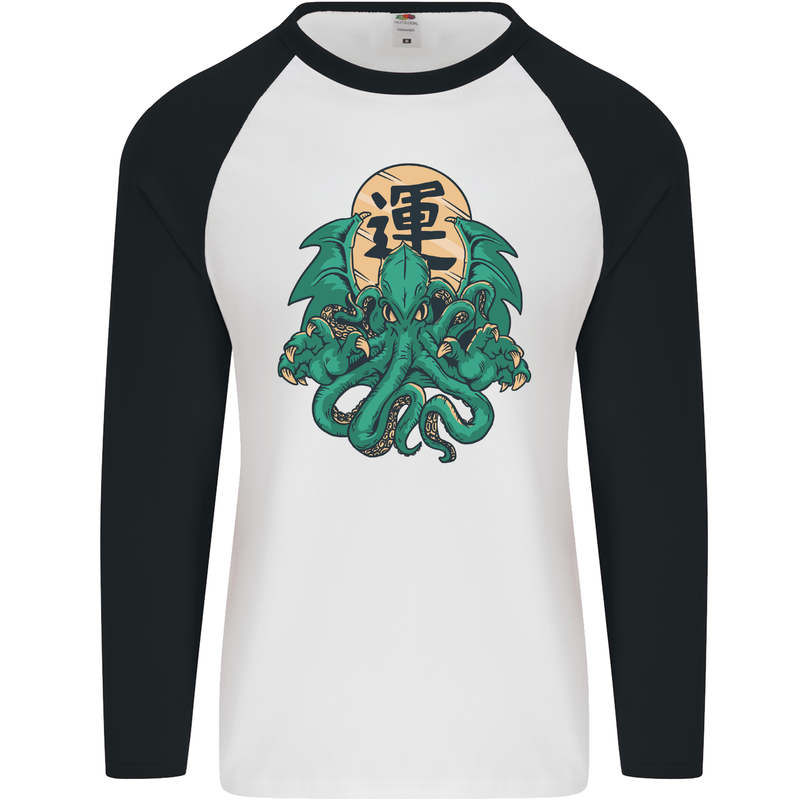 Cthulhu Monster Kraken Mens L/S Baseball T-Shirt White/Black