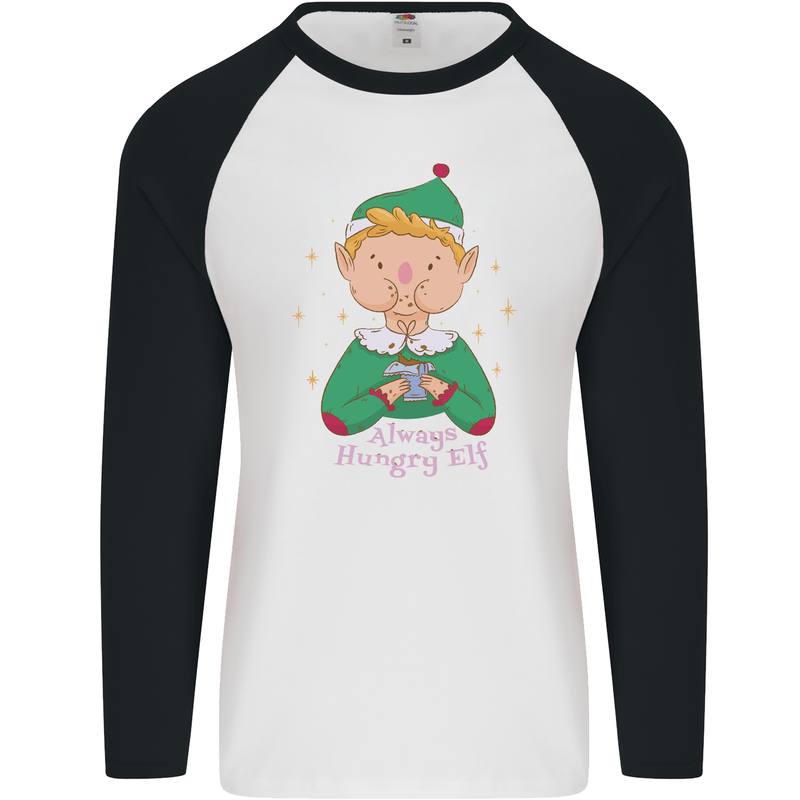 Always Hungry Elf Funny Christmas Food Xmas Mens L/S Baseball T-Shirt White/Black