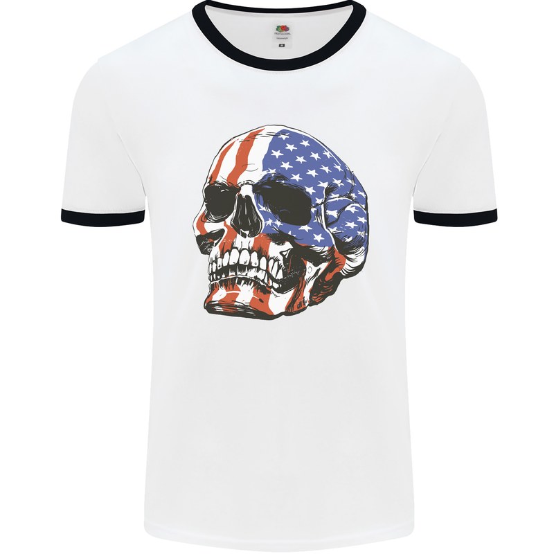 A USA Human Skull Flag America Mens Ringer T-Shirt White/Black