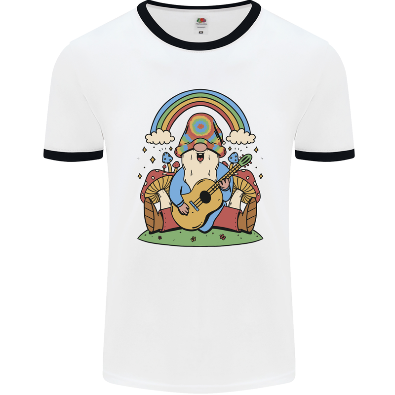 Trippy Guitar Hippy Gnome Magic Mushrooms Mens Ringer T-Shirt White/Black