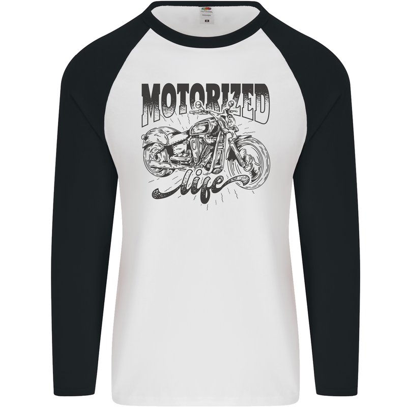 Motorized Life Biker Motorbike Motorcycle Mens L/S Baseball T-Shirt White/Black