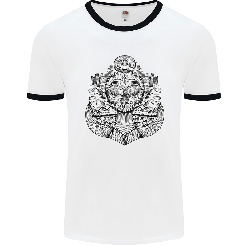 Anchor Skull Sailor Sailing Captain Pirate Ship Mens Ringer T-Shirt White/Black