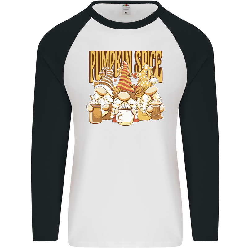 Pumpkin Spice Gnomes Halloween Mens L/S Baseball T-Shirt White/Black