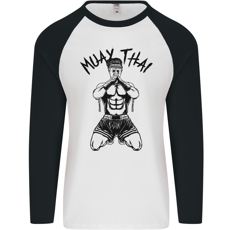 Muay Thai Fighter Mixed Martial Arts MMA Mens L/S Baseball T-Shirt White/Black