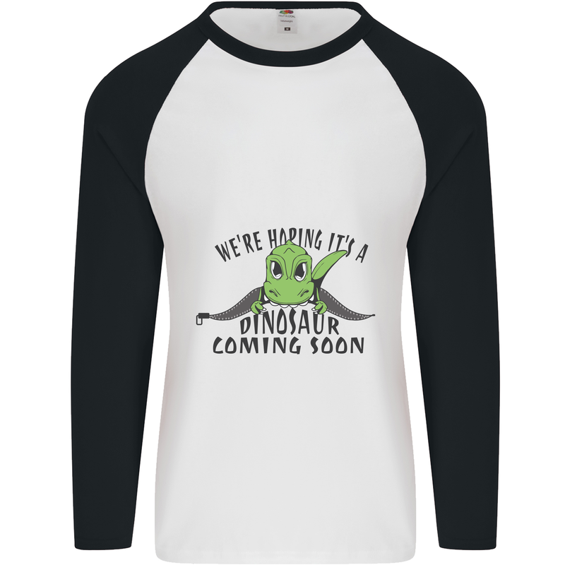 Dinosaur Coming Soon New Baby Pregnancy Pregnant Mens L/S Baseball T-Shirt White/Black