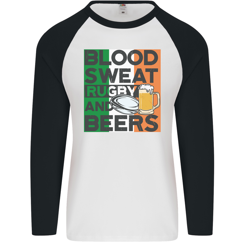 Blood Sweat Rugby and Beers Ireland Funny Mens L/S Baseball T-Shirt White/Black