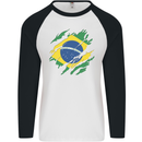Torn Brazil Flag Brazilian Day Football Mens L/S Baseball T-Shirt White/Black